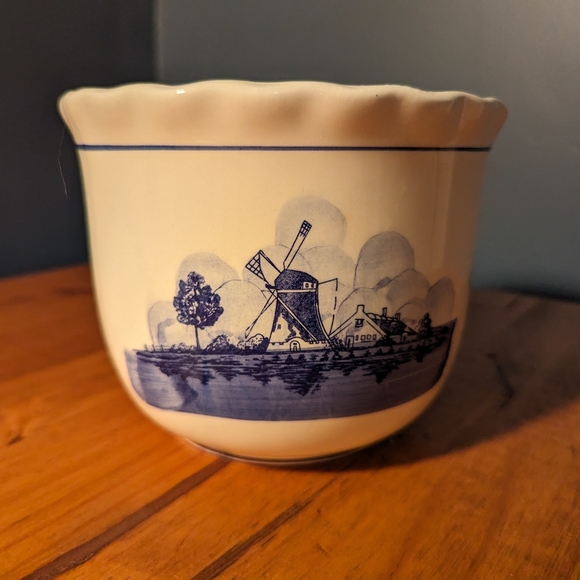 Vintage MCM Windmill Sailboat Ceramic Bowl Planter Container Blue White - Picture 1 of 9